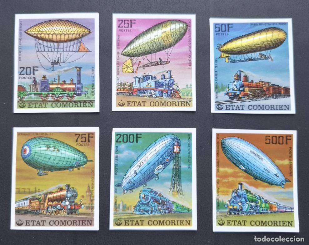 Sellos: Comoras 1977 Mi. 339-344 ND dirigibles Zeppelin locomotoras trenes