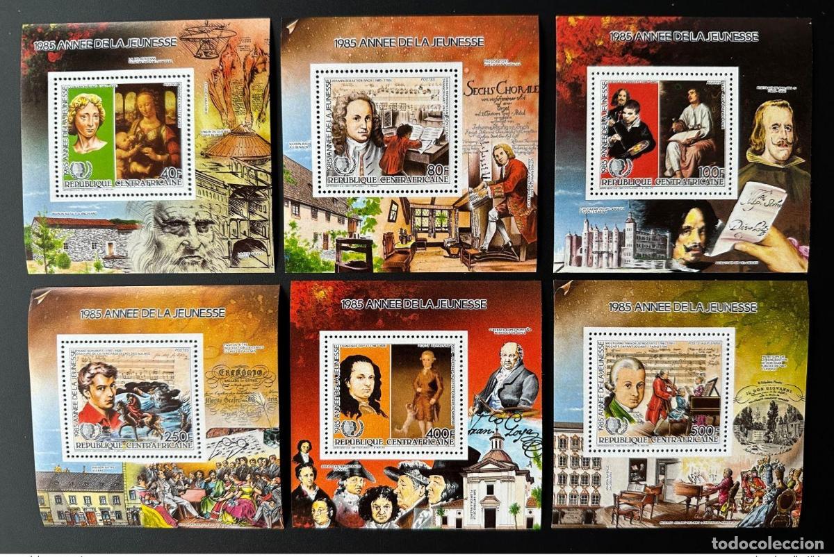 Sellos: &Aacute;frica Central 1985 Mi. Bl. 351 - 356 A&ntilde;o de juventud Vinci Bach Mozart Art