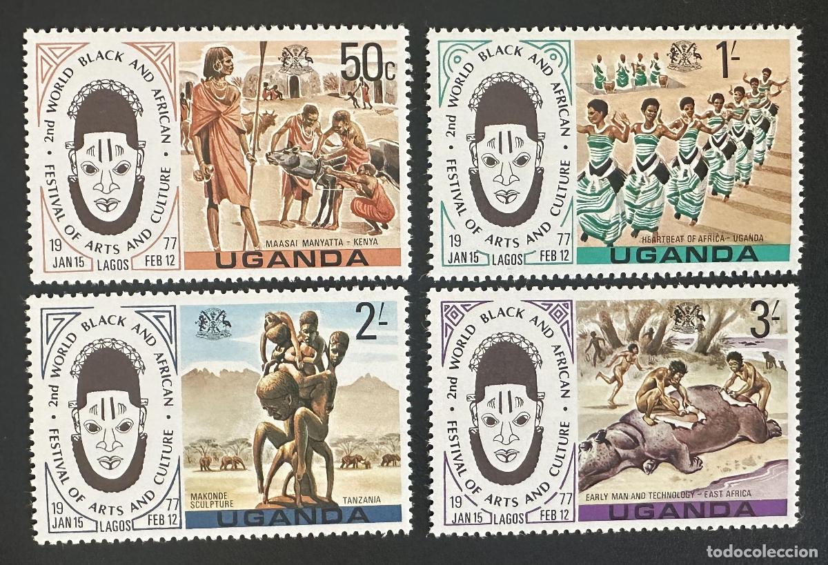 Sellos: Uganda 1977 Mi. 153-156 emisi&oacute;n conjunta FESTAC Lagos artes cultura