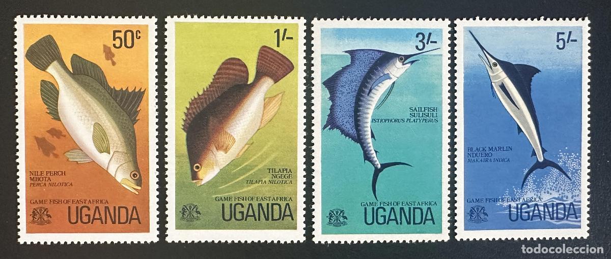 Sellos: Uganda 1977 Mi. 149-152 emisi&oacute;n conjunta peces &Aacute;frica perca