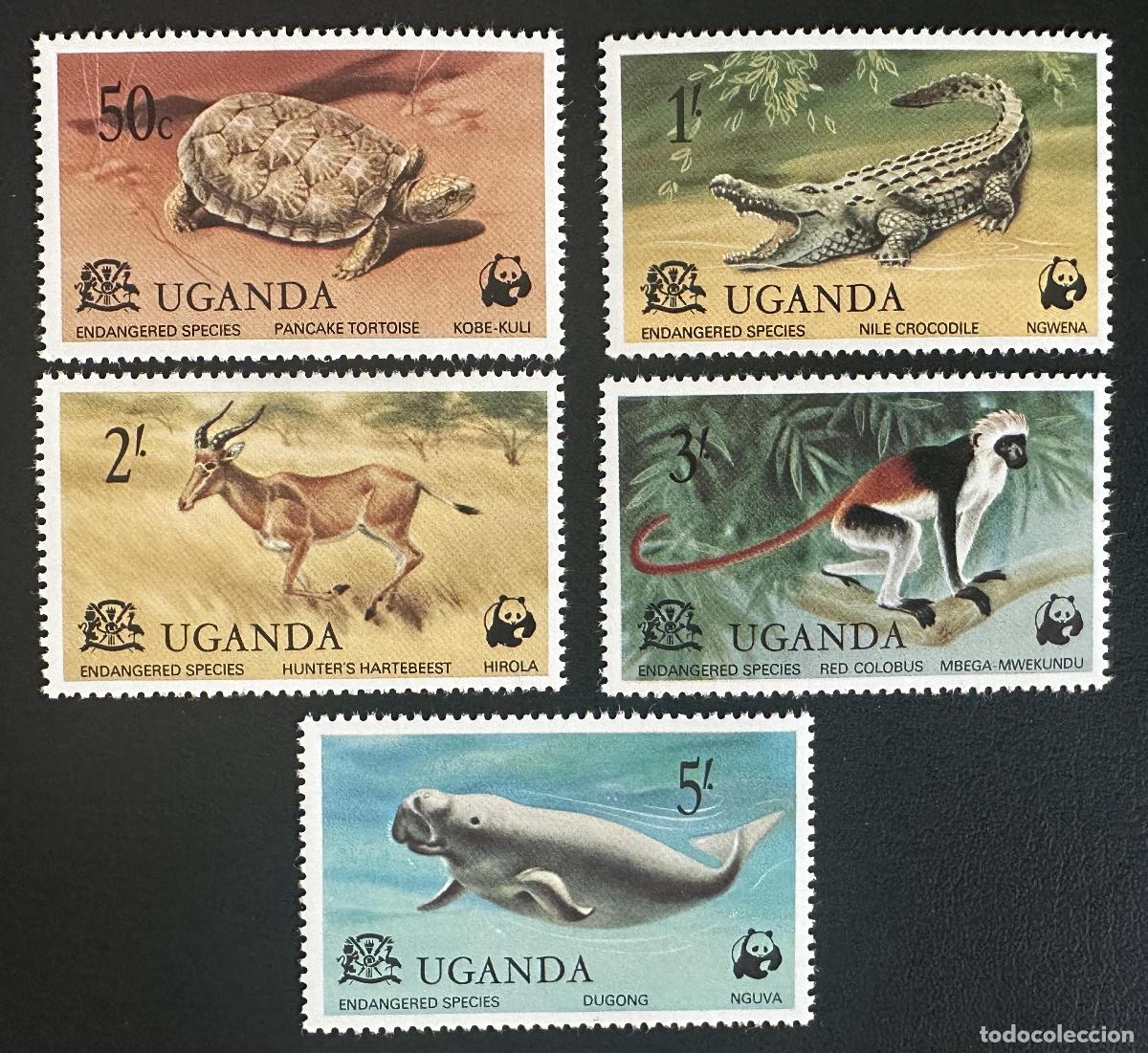 Sellos: Uganda 1977 Mi. 166-170 emisi&oacute;n com&uacute;n WWF fauna amenazada dugongo