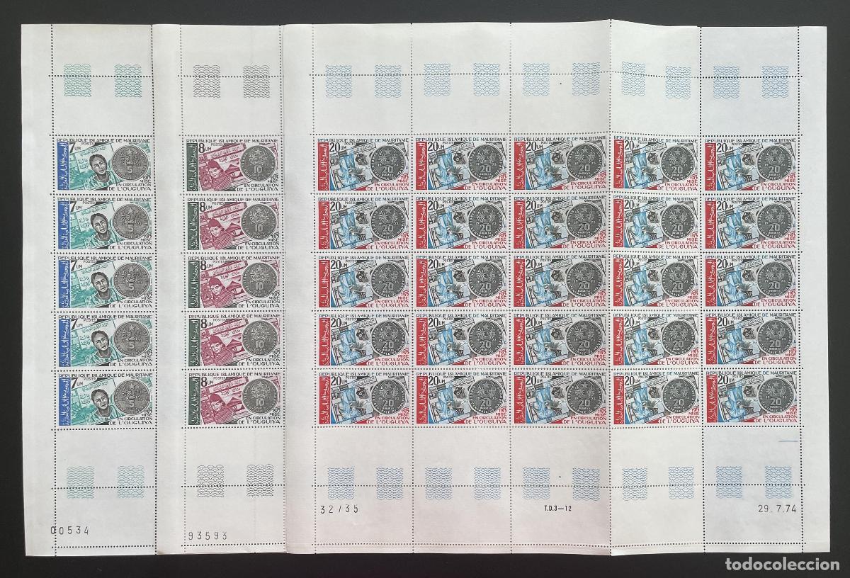 Stamps: Mauritania 1974 YT 321-323 tabl&oacute;n ouguiya moneda monedas billetes