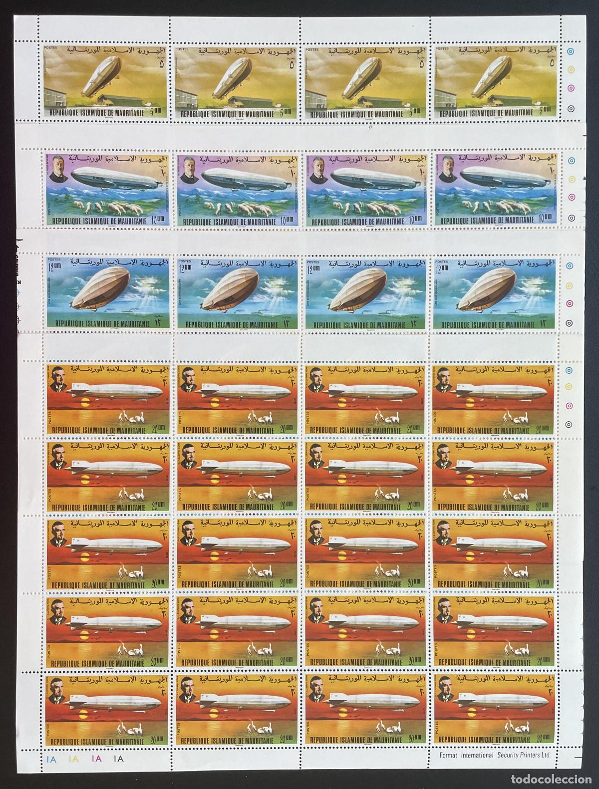 Sellos: Mauritania 1976 YT 350-353 tabl&oacute;n Zeppelin dirigible aviaci&oacute;n