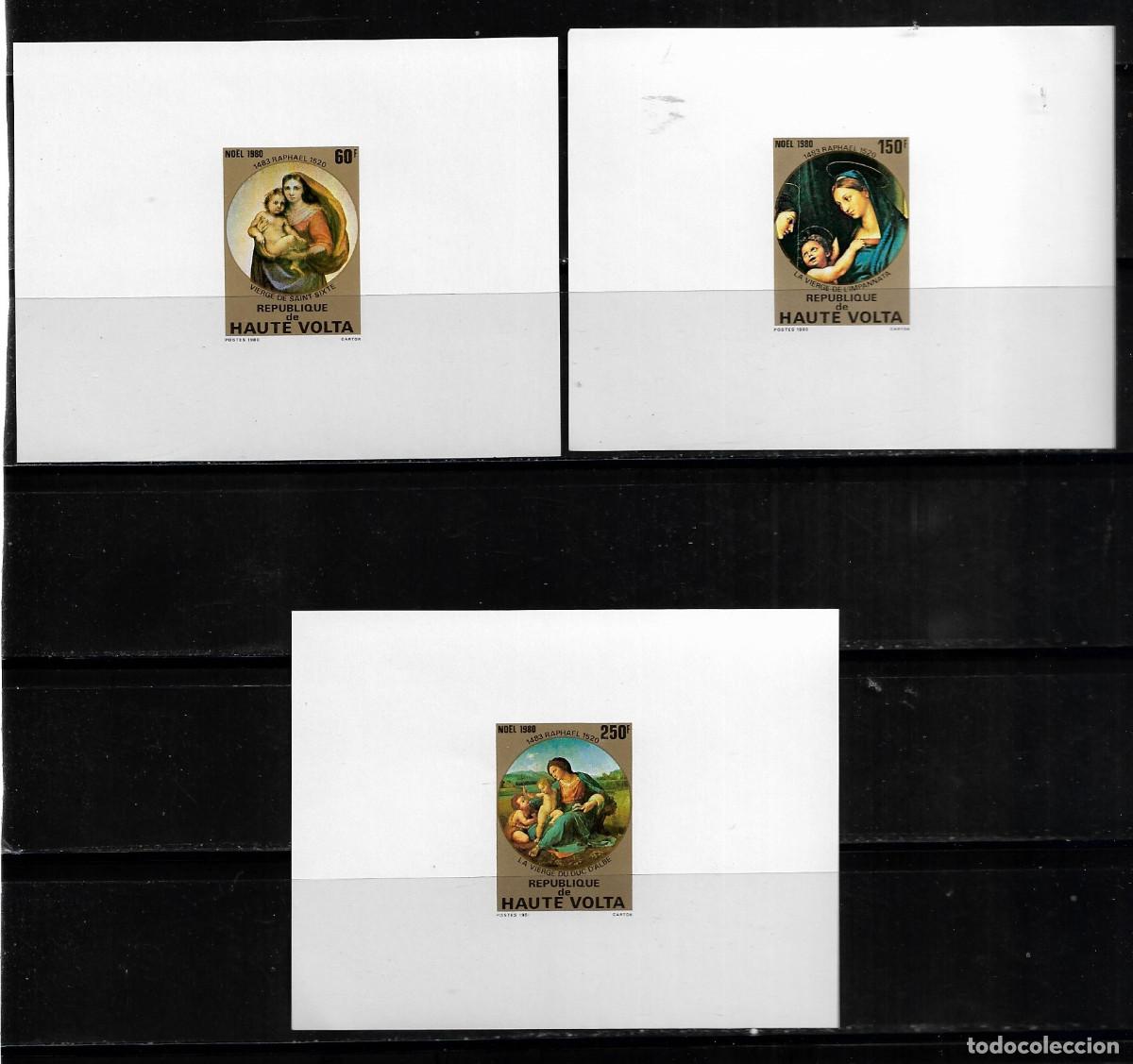 Sellos: ALTO VOLTA 1980, Ivert 531/33 - PINTURAS DE RAPHAEL EN HOJAS BLOQUE SIN DENTAR. MNH.