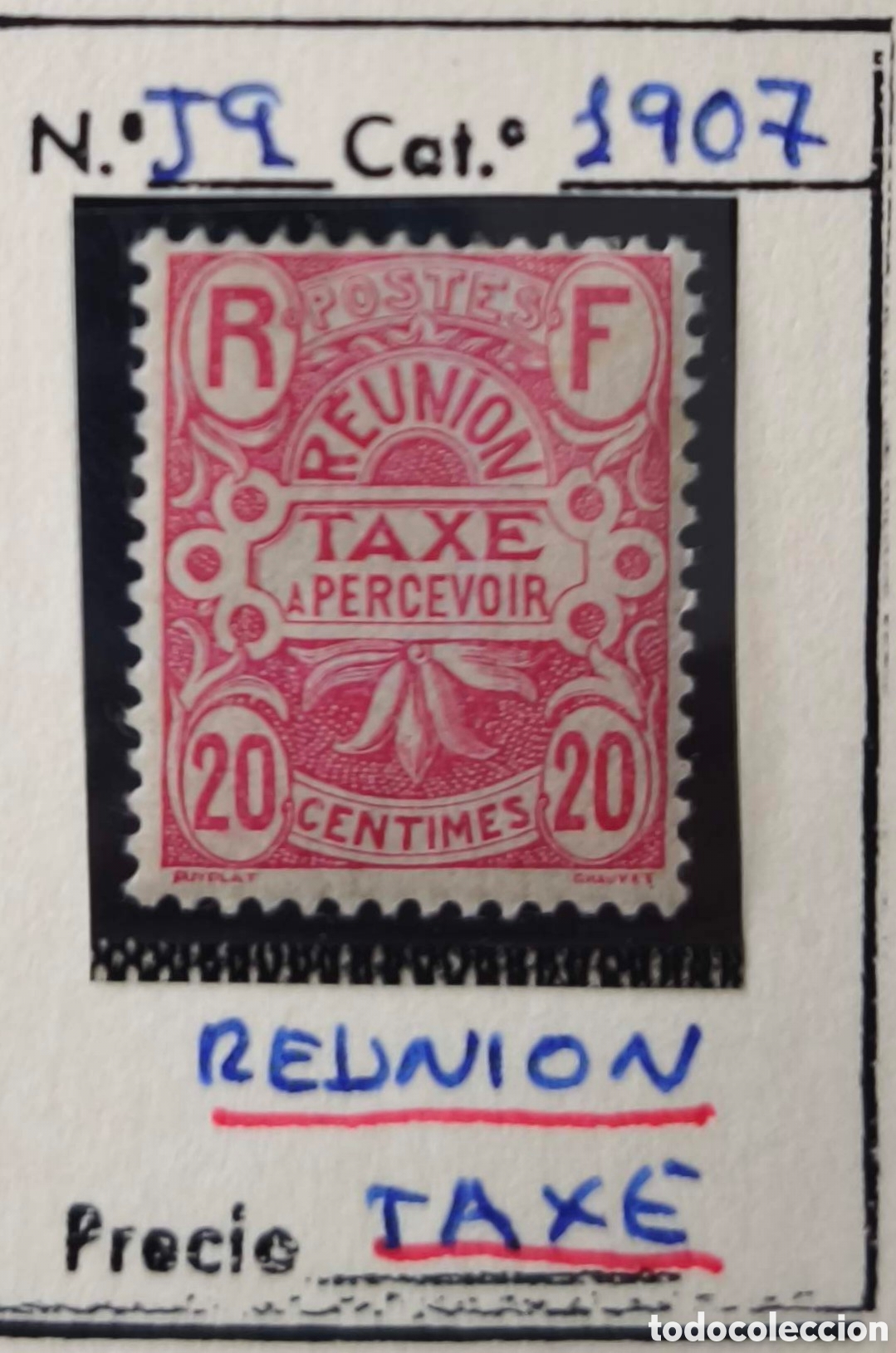 Sellos: Reuni&oacute;n. 1907. 20 c&eacute;ntimos. Tasas