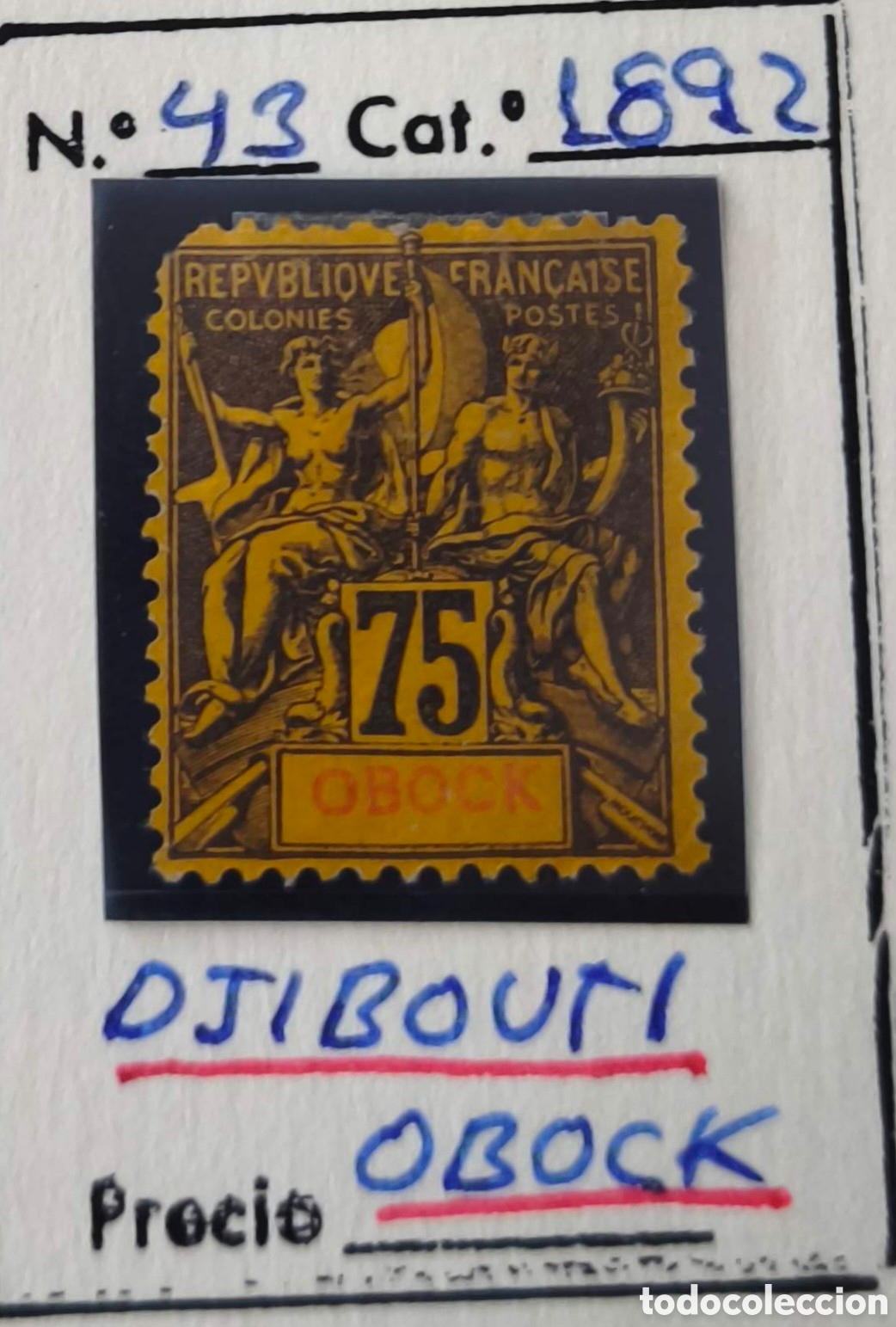 Sellos: Djibouti. Obock. 1892. 75 c&eacute;ntimos