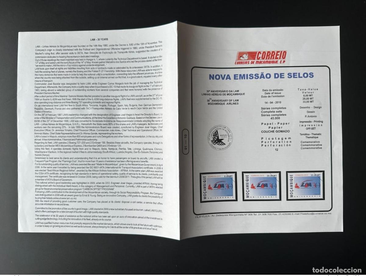 Sellos: Mozambique 2010 Mi. 3856 - 3858 CARPETA RARA LAM Linhas Aereas Airline Bird