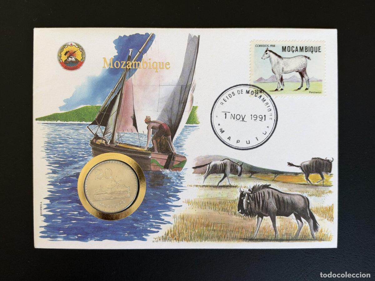 Sellos: Mozambique sobre numism&aacute;tico 1991 sello Percheron moneda 20