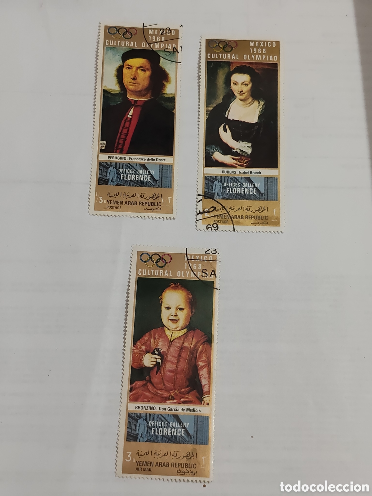 Sellos: 3 sellos de Yemen olimpiada cultural M&eacute;xico 1968 obras de arte de la galer&iacute;a Uffizi de Florencia