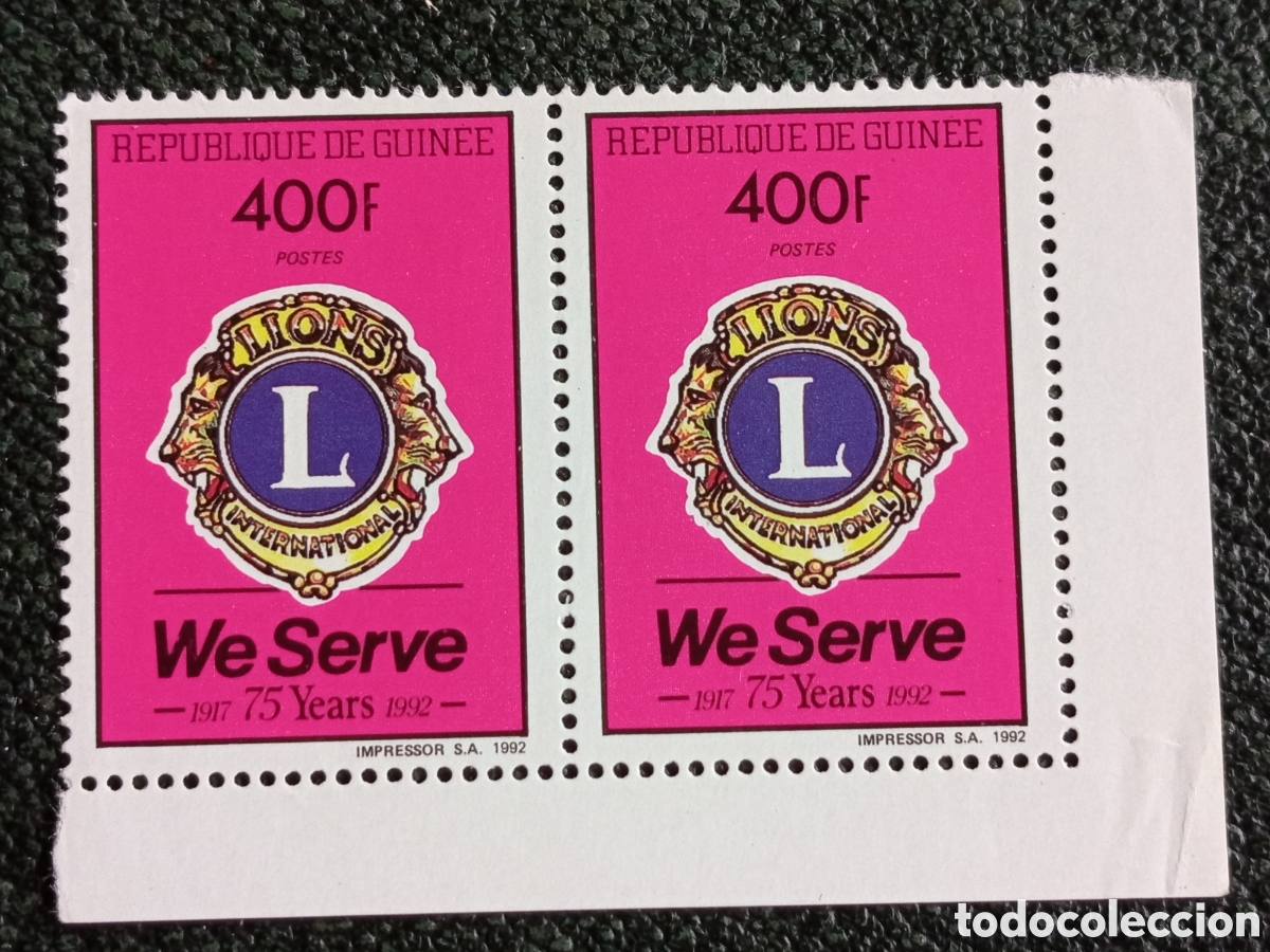 Sellos: Guinea 1992 75 Aniversario Lions Club Pareja Esquina de Pliego MNH - Michel #1385