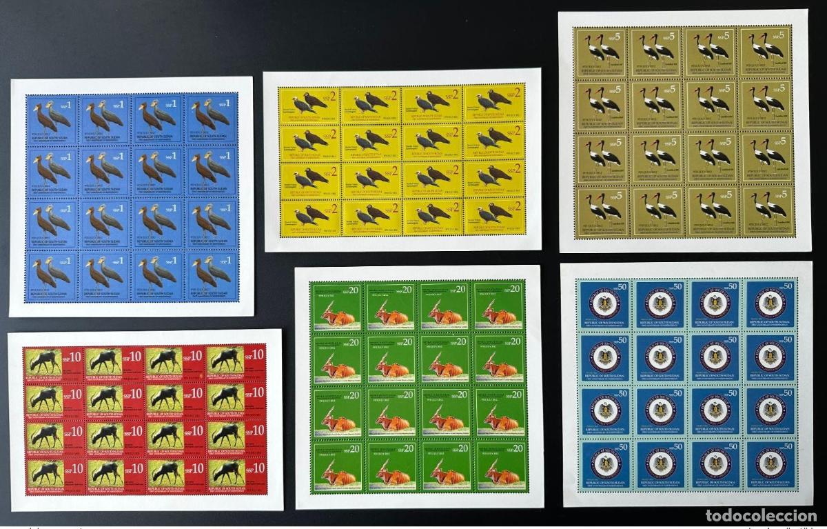 Sellos: Sud&aacute;n del Sur 2012 Mi. 3 - 8 hojas fauna aves escudo de armas noveno