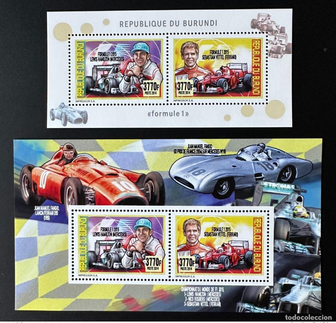 Timbres: Burundi 2014/2015 Mi. 3499 - 3500 Bl. 512 513 Ferrari Mercedes Car de F&oacute;rmula 1
