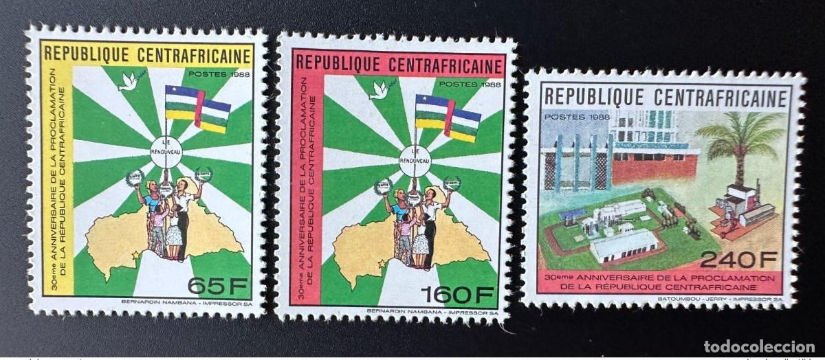 Timbres: &Aacute;frica Central 1988 Mi. A-C 1354: Proclamaci&oacute;n bandera de la Rep&uacute;blica con forma paloma