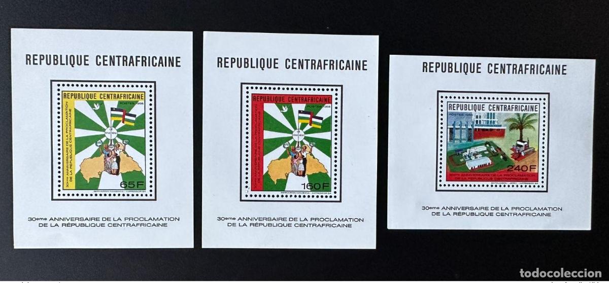 Timbres: &Aacute;frica Central 1988 Mi. A-C 1354 bloquea la lujosa proclamaci&oacute;n Republic Dove Bird