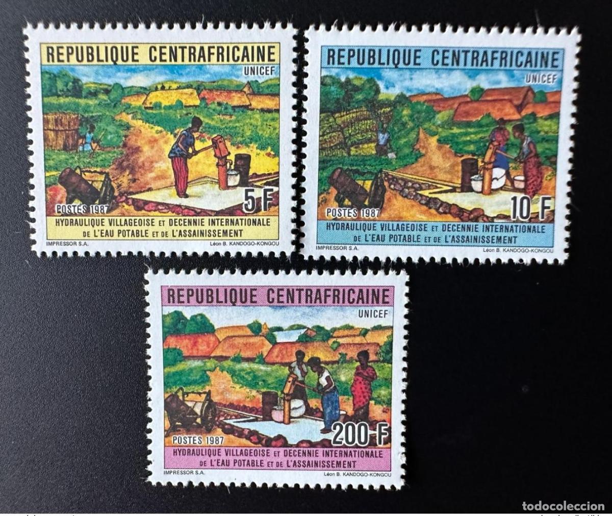 Timbres: Rep&uacute;blica Centroafricana 1987 Mi. 1297 - 1299 UNICEF Agua potable hidr&aacute;ulica para aldeas