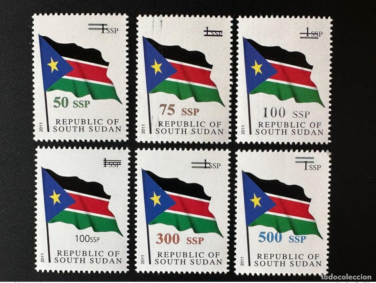Sellos: Sud&aacute;n del Sur 2017 Mi. 9/12/15 I+II/21/23 Bandera Fahne sobrecargada