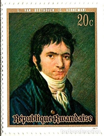 Briefmarken: Ruanda. Bicentenario nacimiento Beethoven. 1971. YT-416-417. Nuevo sin goma