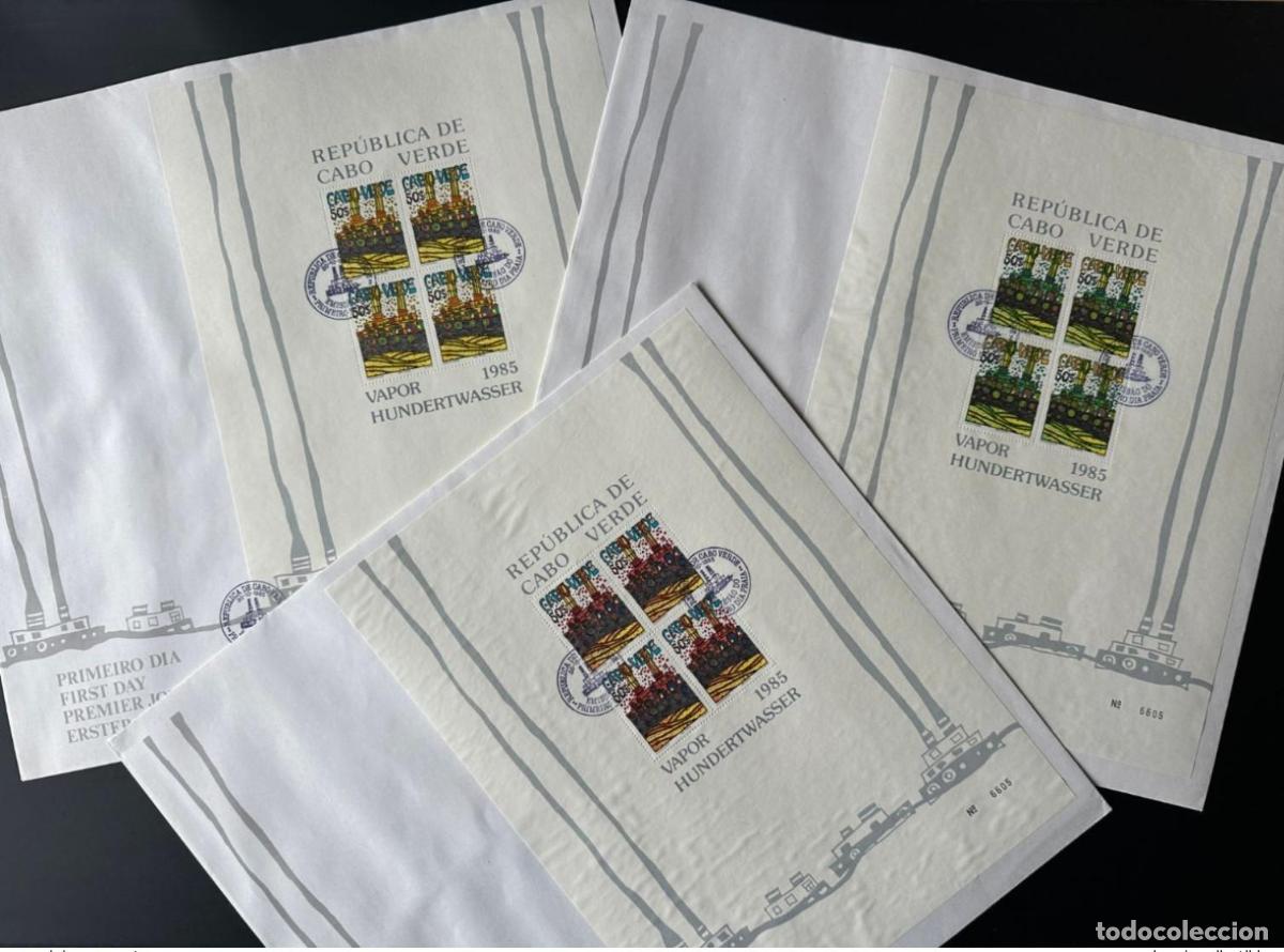 Stamps: Cabo Verde 1985 Mi. Bl. 7 - 9 FDC barco Friedensreich Hundertwasser de primer d&iacute;a