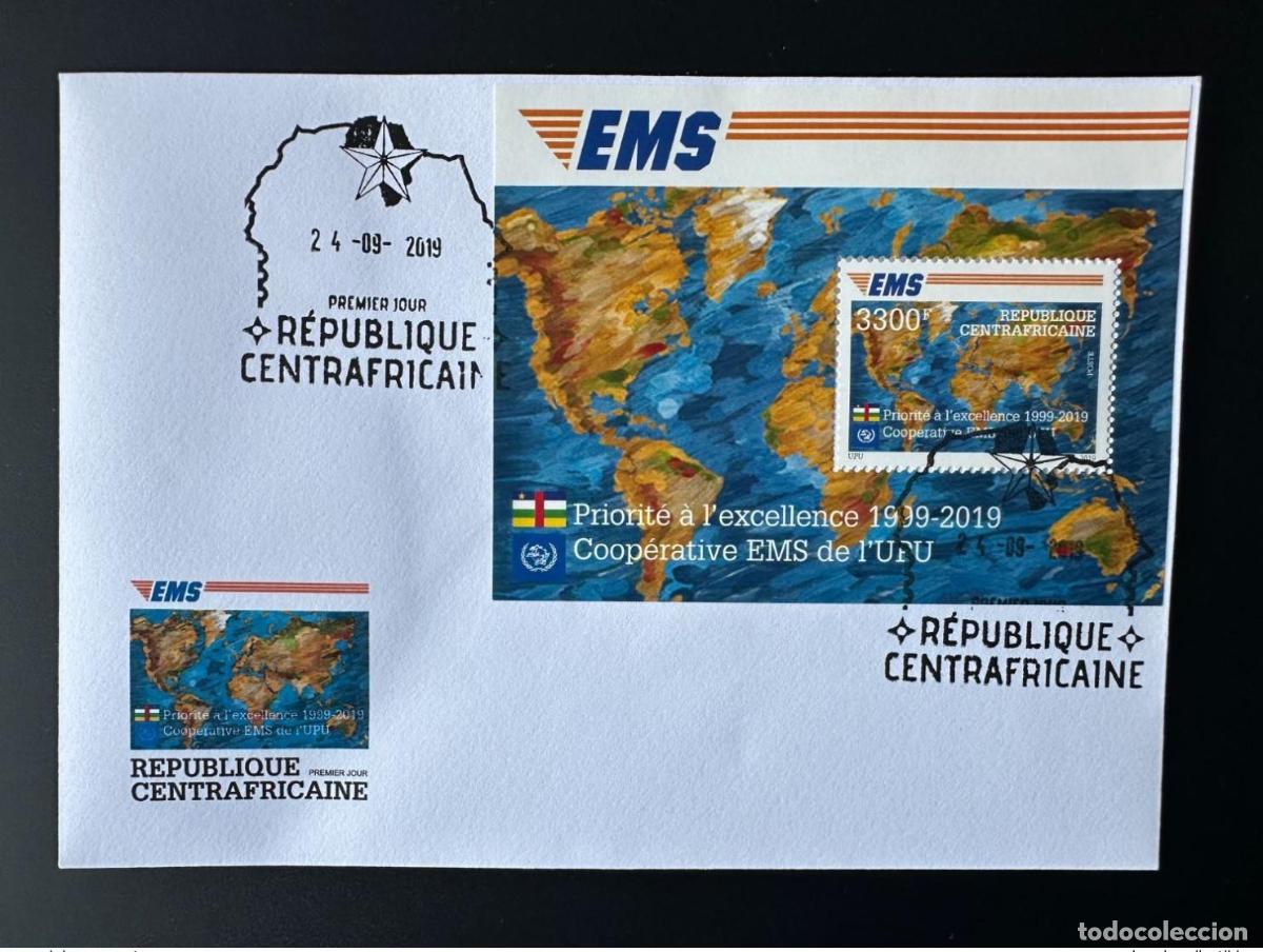 Timbres: Rep&uacute;blica Centroafricana 2019 FDC 1st Day Mid. Bl. 2000 S/S EMS 20 a&ntilde;os Edici&oacute;n conjunta