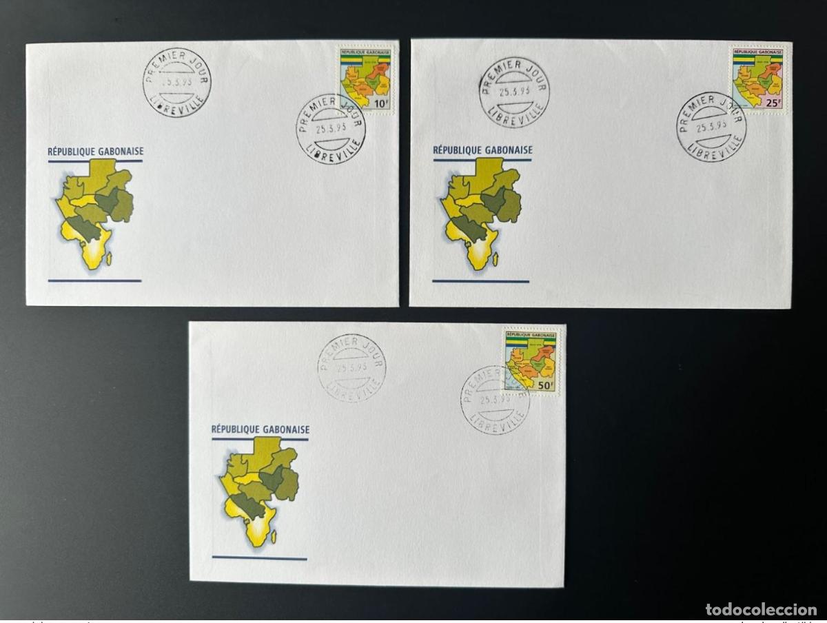 Timbres: Gab&oacute;n 1993 Mi. 1160 - 1162 FDC Primer d&iacute;a Serie actual Mapa provincias