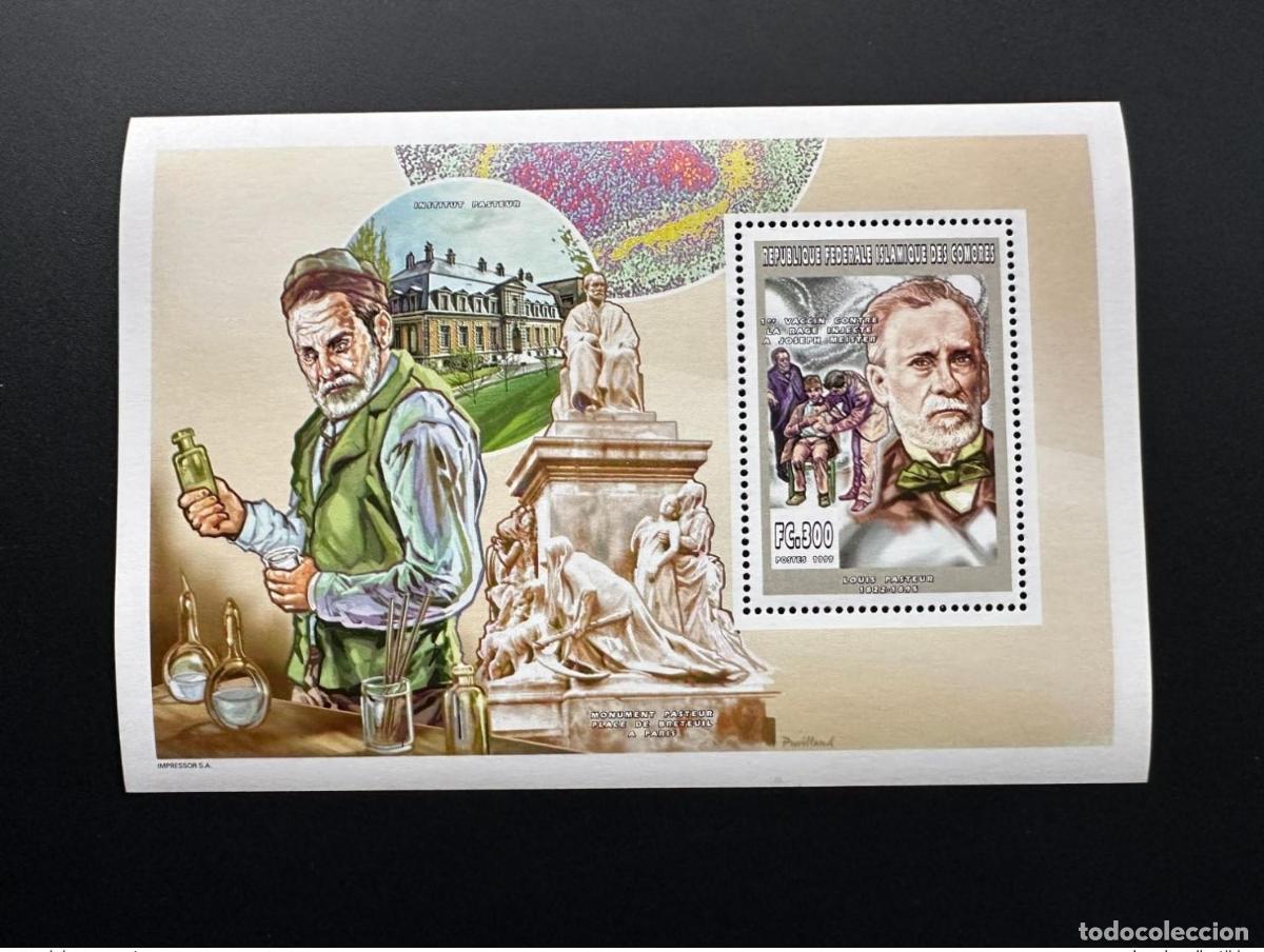 Stamps: Comoras 1999 YT 1116 bloque de lujo Louis Pasteur salud vacuna furia
