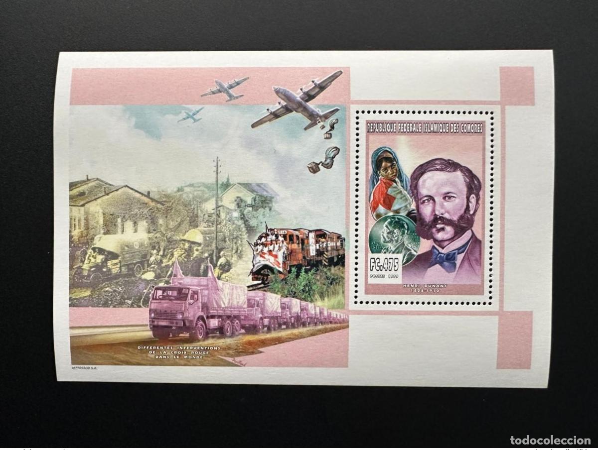 Stamps: Comoras 1999 YT 1119 Bloque de lujo Henri Henry Dunant Tren avi&oacute;n la Cruz Roja