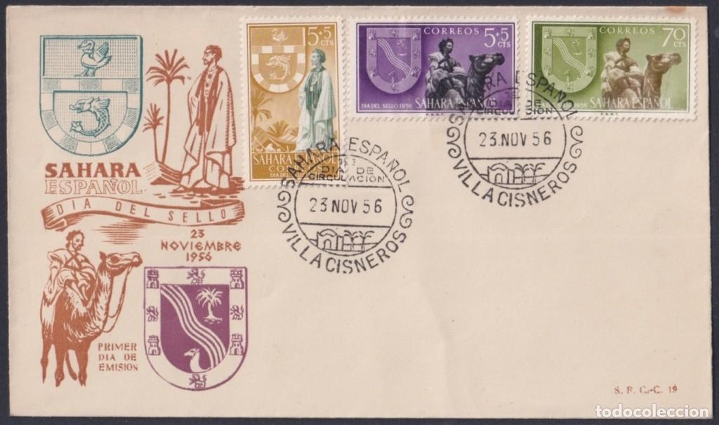 Sellos: F-EX64079 SPANISH SAHARA 1956 FDC STAMPS DAYS COAT OF ARMS & CAMEL FAUNA.