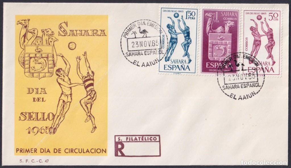 Sellos: F-EX64103 SPANISH SAHARA 1965 FDC STAMP DAY BASKETBALL SPORT COAT OF ARMS.
