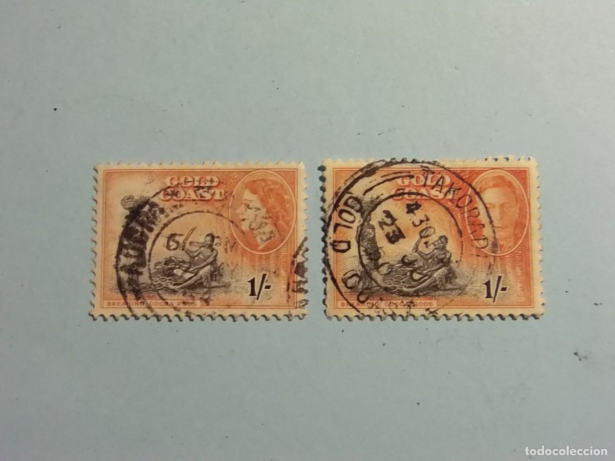 Sellos: COSTA DE ORO (GHANA) - JORGE VI E ISABEL II - NATIVO ROMPIENDO VAINAS DE CACAO.