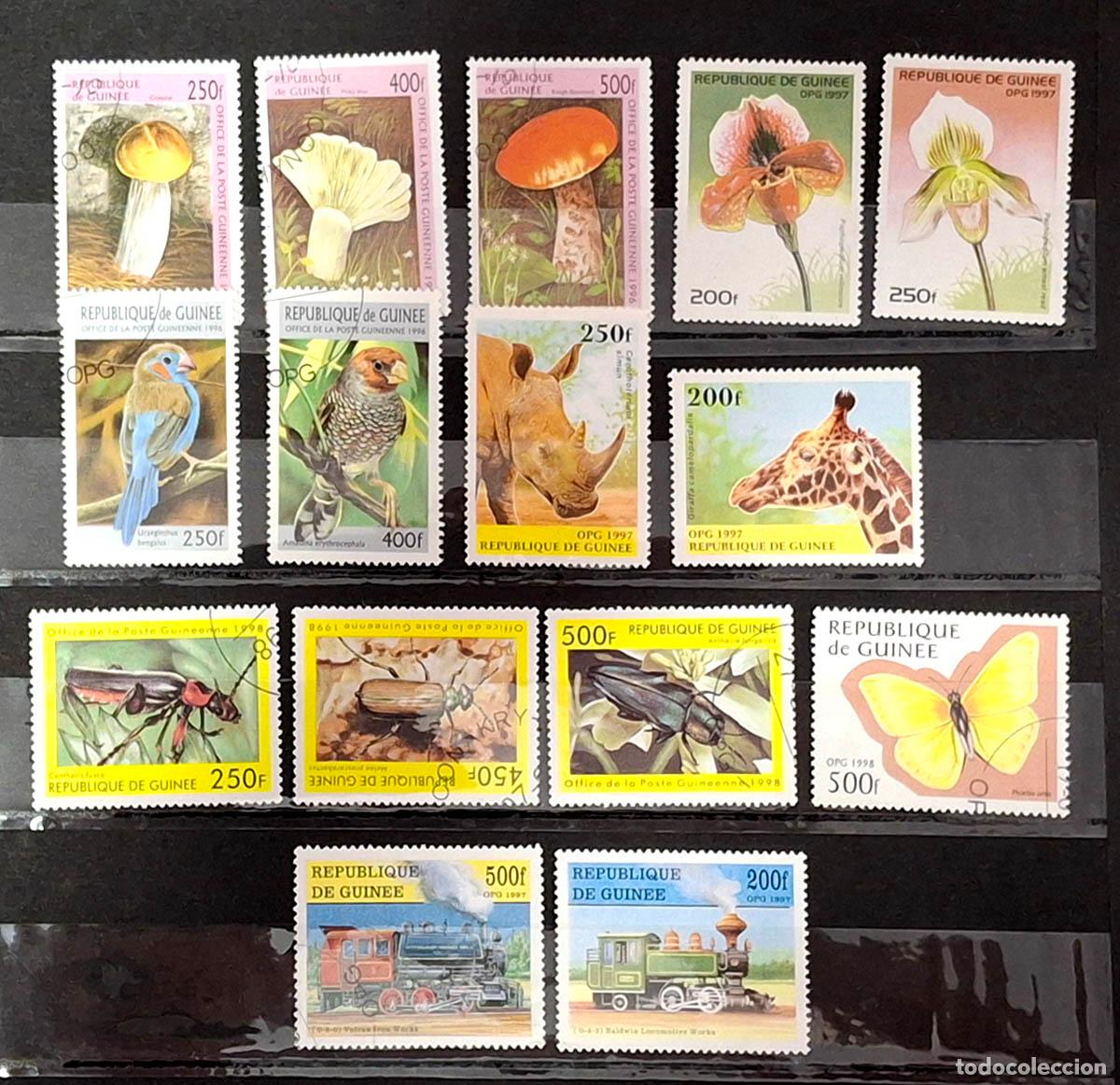 Sellos: 15 sellos de Guinea - Mariposas, flores, fauna y trenes
