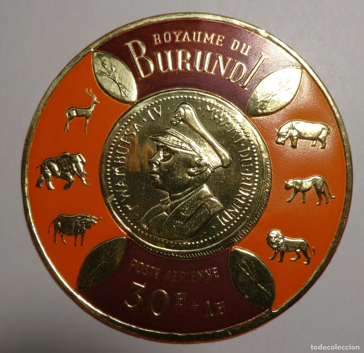 Sellos: Sello de BURUNDI SELLO Repujado con L&aacute;mina Dorada 1965.Rey Mwambutsa IV 30 + 1 F