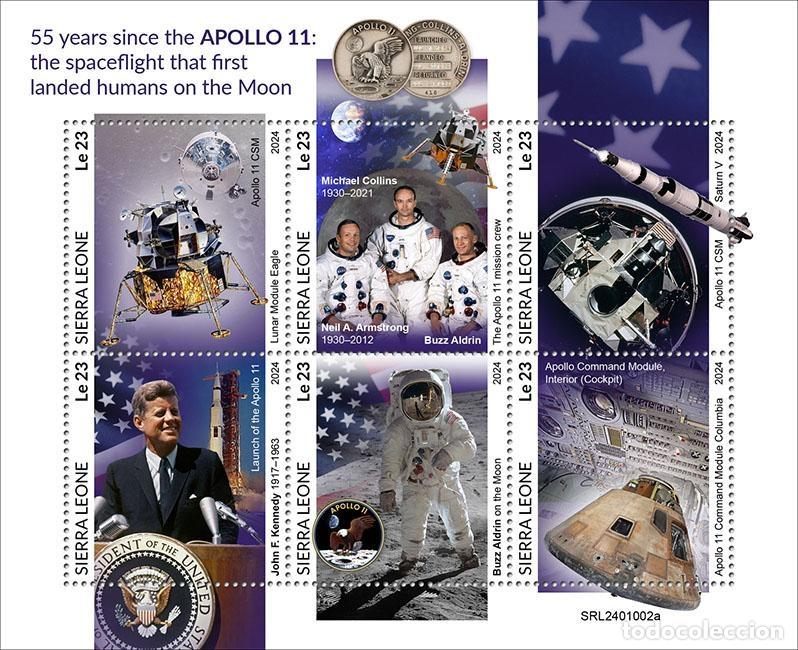 Sellos: Sierra Leona 2024 Mi. 18364-18369 hoja Apollo 11 Luna Armstrong Aldrin
