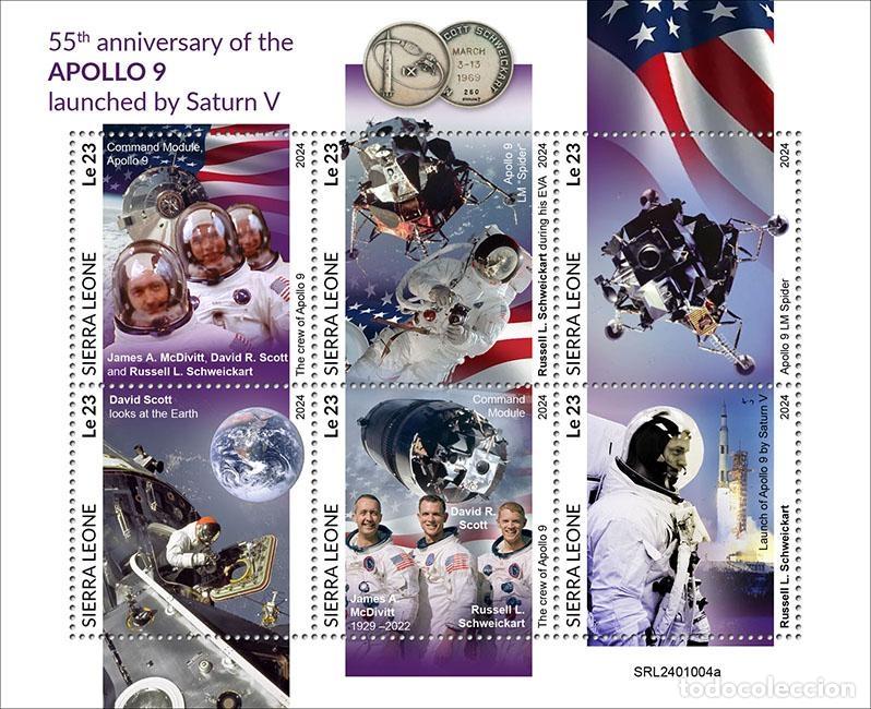 Sellos: Sierra Leona 2024 Mi. 18372-18377 hoja Apollo 9 Saturn V espacio