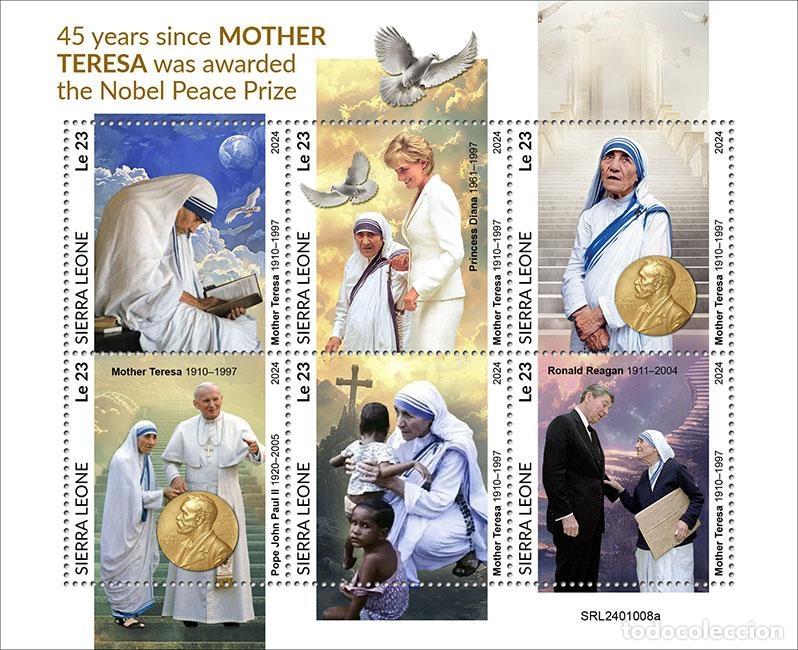 Sellos: Sierra Leona 2024 Mi. 18356-18361 hoja Madre Teresa Nobel Juan Pablo II