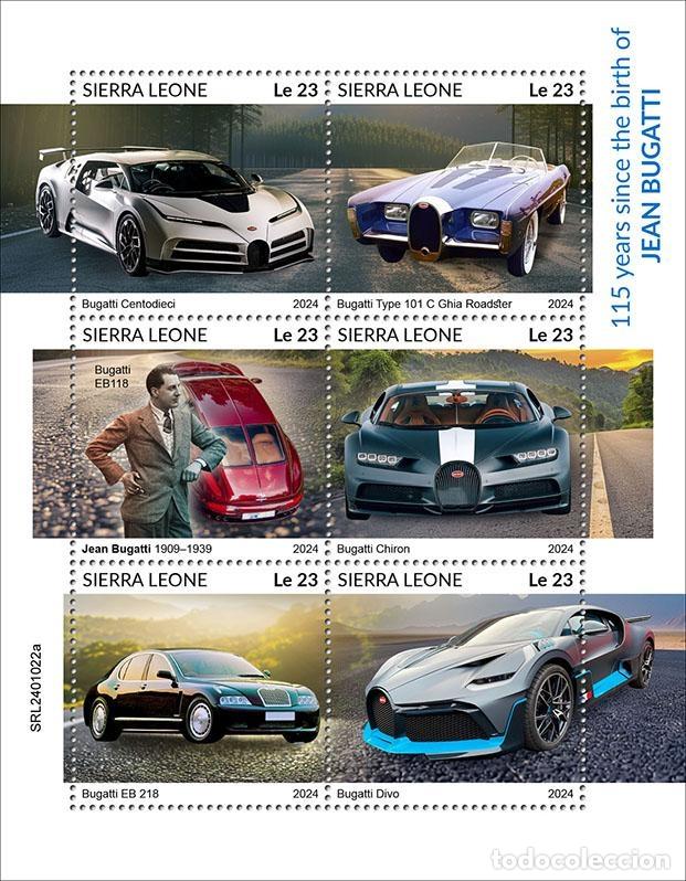 Sellos: Sierra Leona 2024 Mi. 18300-18305 hoja Jean Bugatti coches Chiron Veyron