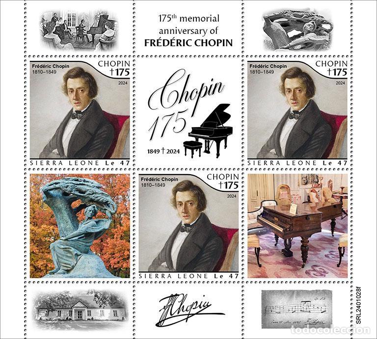 Sellos: Sierra Leona 2024 Mi. 18891 hoja Fr&eacute;d&eacute;ric Chopin m&uacute;sica compositor