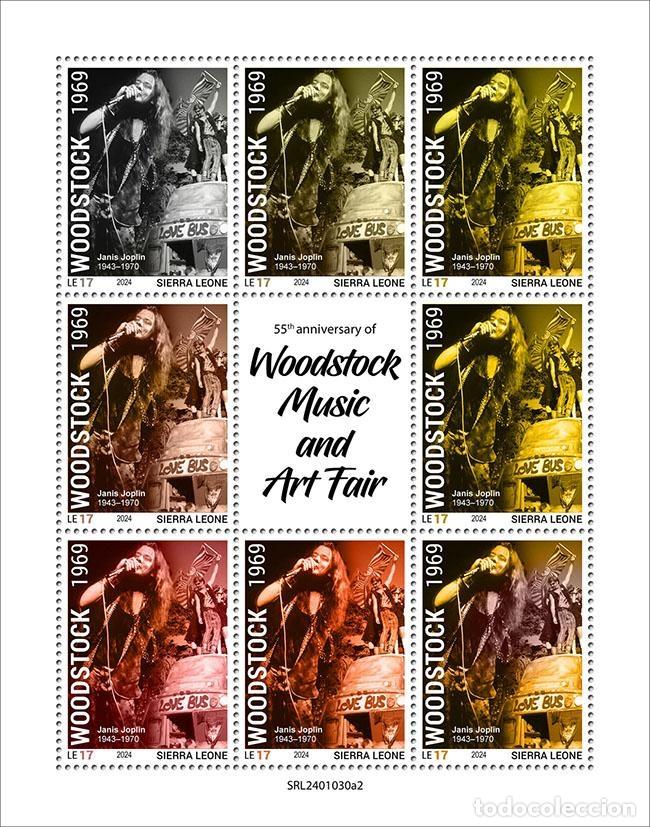 Sellos: Sierra Leona 2024 Mi. 18719-18726 hoja Woodstock m&uacute;sica Joplin Hendrix