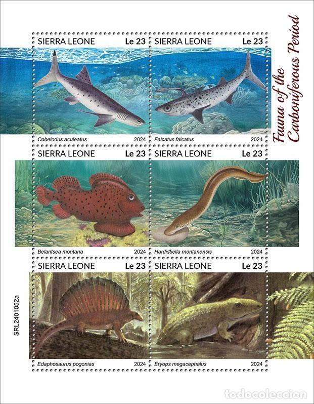 Sellos: Sierra Leona 2024 Mi. 17988-17993 hoja fauna Carbon&iacute;fero prehistoria