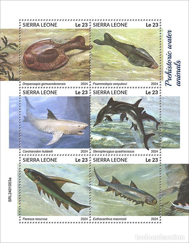 Sellos: Sierra Leona 2024 Mi. 17996-18001 hoja animales acu&aacute;ticos prehist&oacute;ricos