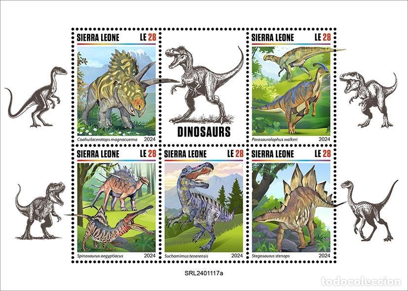 Sellos: Sierra Leona 2024 Mi. 18590-18594 hoja dinosaurios Spinosaurus Stegosaurus
