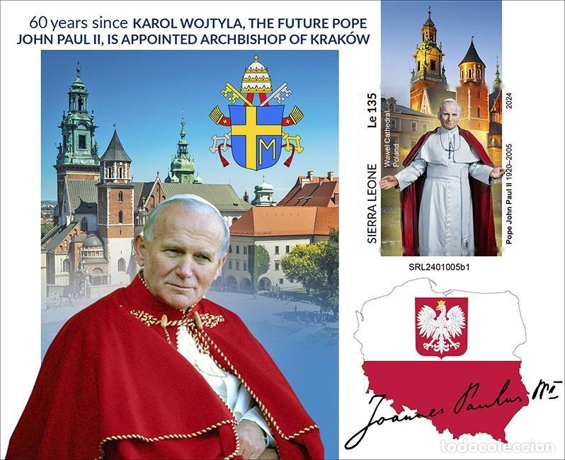 Sellos: Sierra Leona 2024 Mi. Bl. 3206 bloque sin dentar Juan Pablo II papa Cracovia