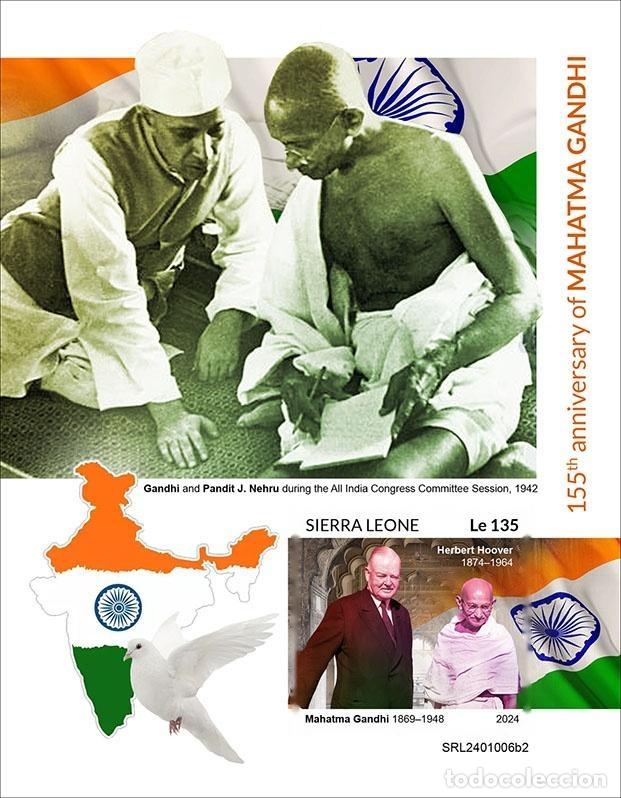 Stamps: Sierra Leona 2024 Mi. Bl. 3191 bloque sin dentar Gandhi India Nehru