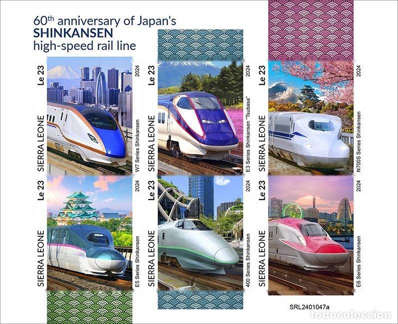 Francobolli: Sierra Leona 2024 Mi. 18435-18440 hoja sin dentar trenes Shinkansen grande