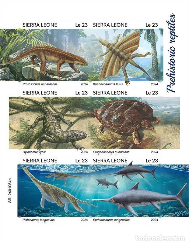 Francobolli: Sierra Leona 2024 Mi. 18004-18009 hoja sin dentar reptiles prehist&oacute;ricos