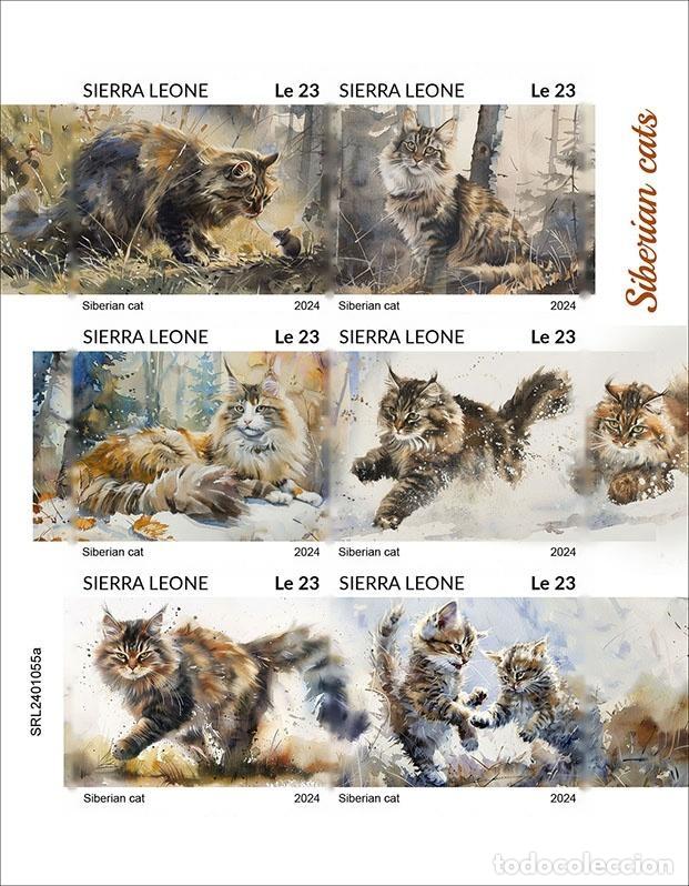 Francobolli: Sierra Leona 2024 Mi. 18148-18153 hoja sin dentar gatos siberianos