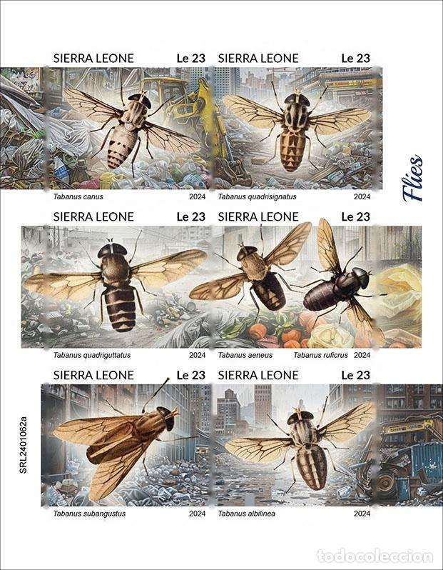 Selos: Sierra Leona 2024 Mi. 18028-18033 hoja sin perforar moscas t&aacute;banos insectos