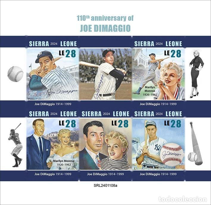 Sellos: Sierra Leona 2024 Mi. 18530-18534 hoja sin dentar Joe DiMaggio b&eacute;isbol