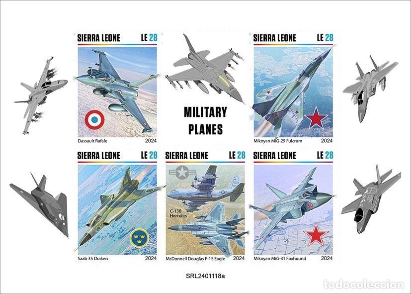 Sellos: Sierra Leona 2024 Mi. 18580-18584 hoja sin dentar aviones militares