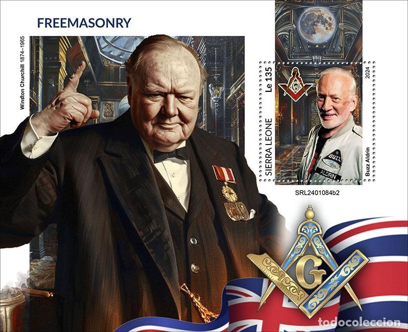 Sellos: Sierra Leona 2024 Mi. Bl. 3199 bloque masoner&iacute;a Churchill Mozart