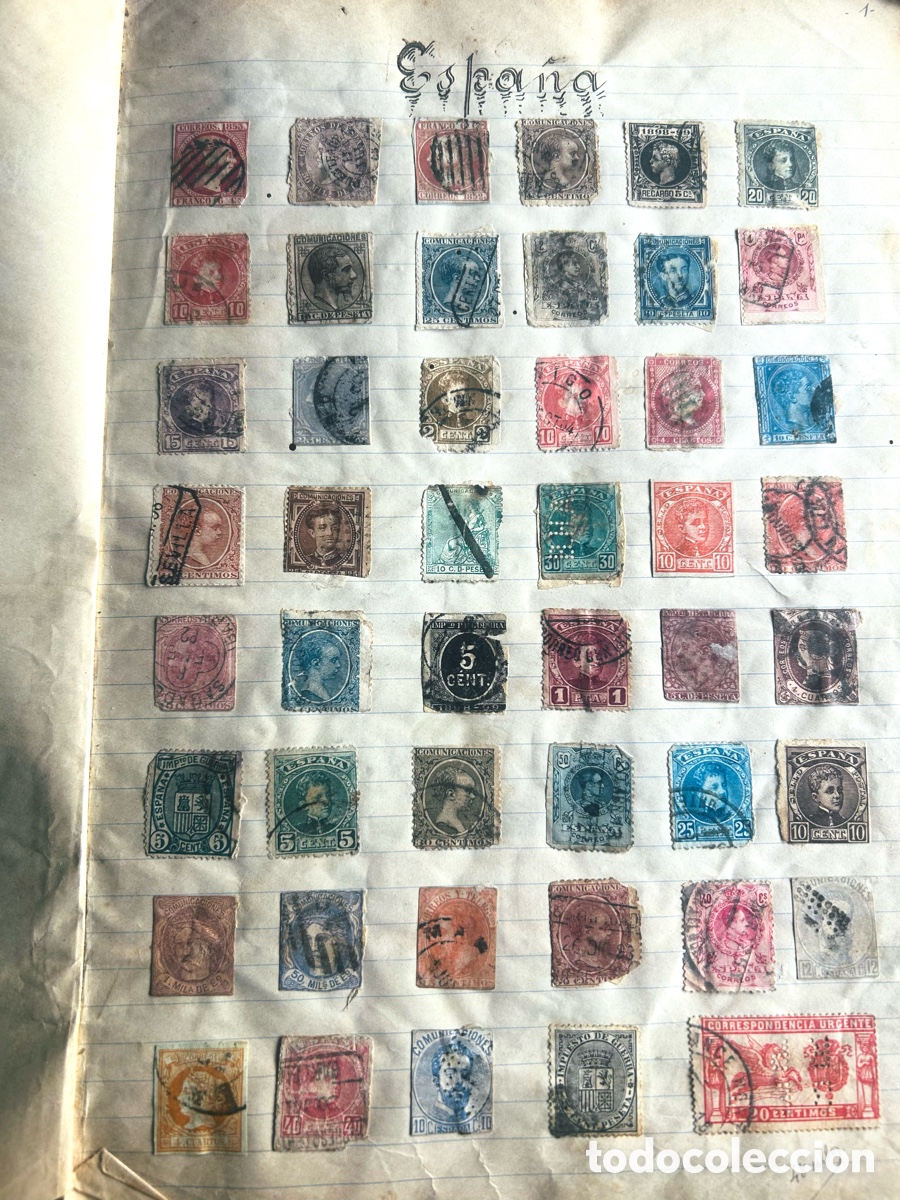 Sellos: Hoja de &aacute;lbum antigua con sellos de Espa&ntilde;a 1850-1920: cl&aacute;sicos, fiscales y urgente 1905 (2 caras)